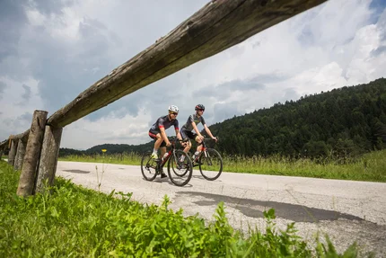 Due ciclisti su una strada di campagna in una zona verde.
