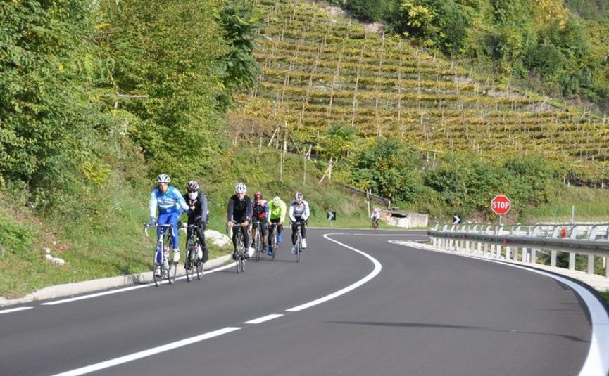 Group of cyclists on a winding mountain road with stop sign