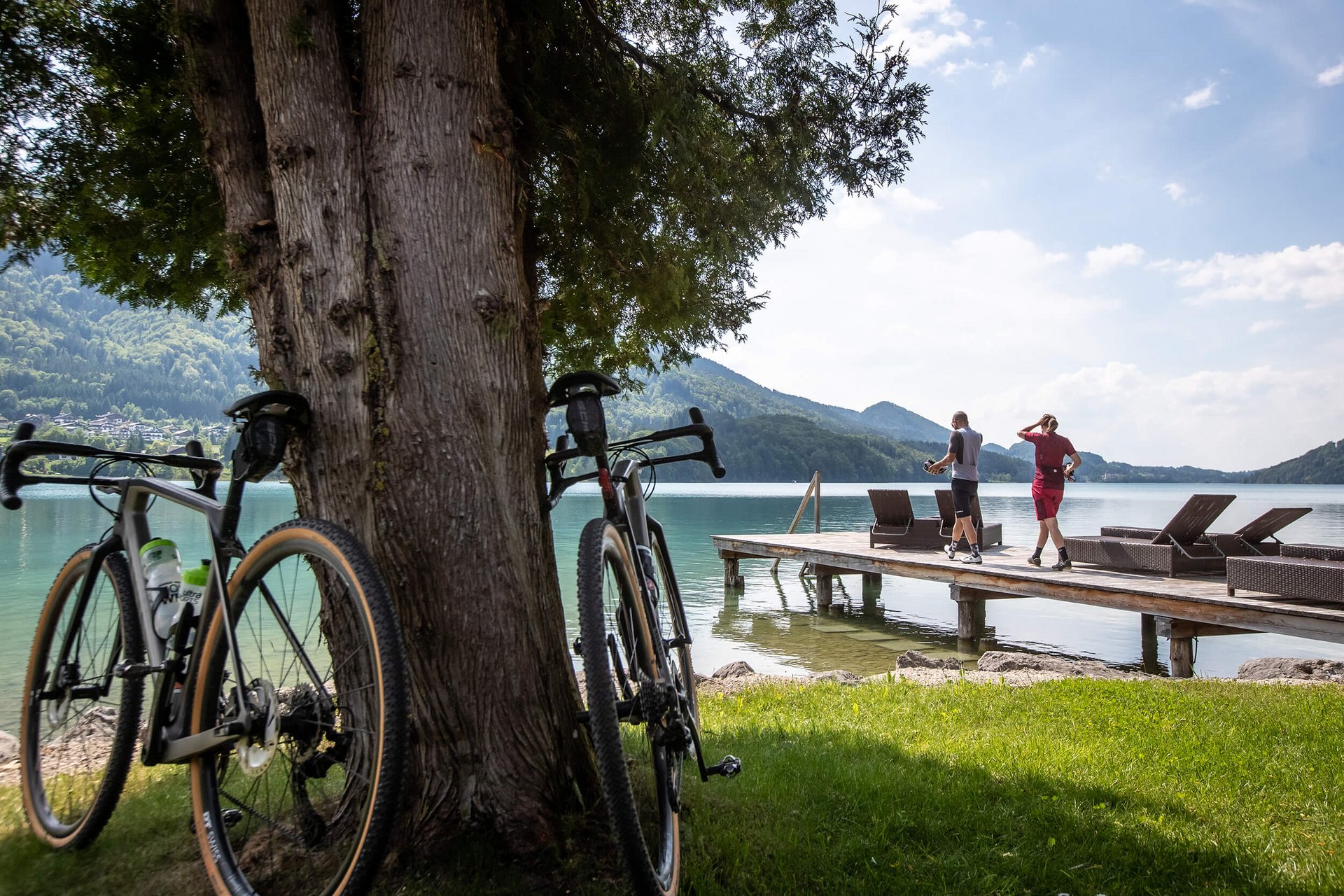 Two bicycles leaning on a tree by a lake with a dock and two people walking
