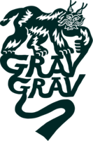 Lince stilizzata con pollice disegnato e testo GRAV GRAV