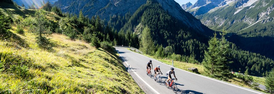 Drei Radfahrer auf Bergstraße umgeben von Bergen und grünem Gras