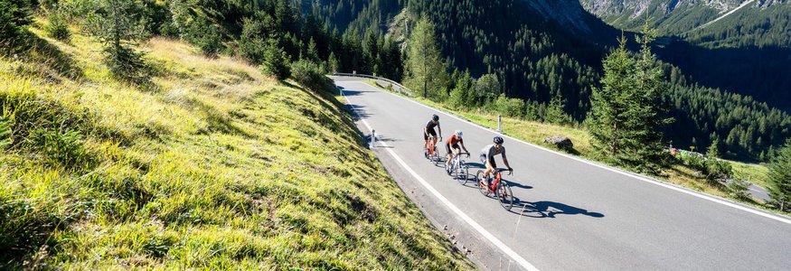 Drei Radfahrer auf Bergstraße umgeben von Bergen und grünem Gras