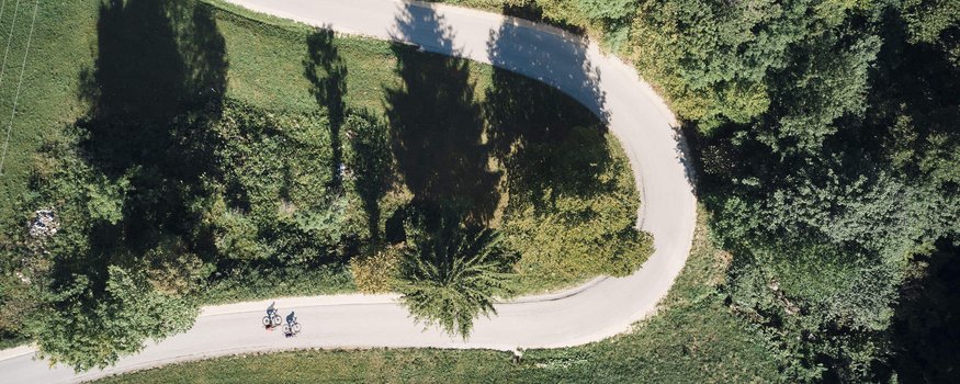 Rennradfahren im Bayerischen Wald: Geheimtipp mit Tiefgang © Tobias Köhler Luftaufnahme von zwei Radfahrern auf geschwungener Straße durch grüne Landschaft