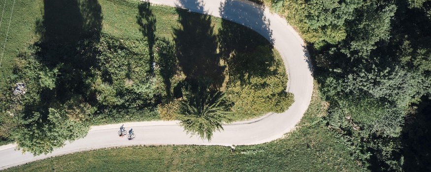 Rennradfahren im Land der Champions: Slowenien © Tobias Köhler Luftaufnahme von zwei Radfahrern auf geschwungener Straße durch grüne Landschaft