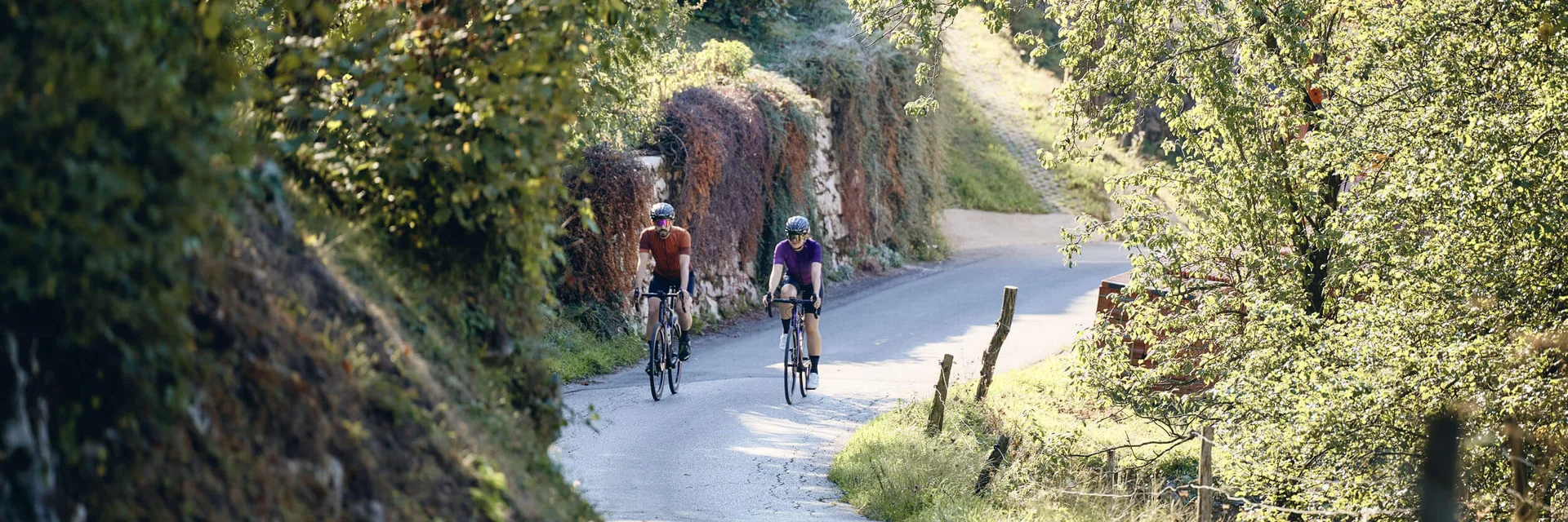 Zwei Radfahrer auf einem sonnigen Landweg mit grünen Bäumen