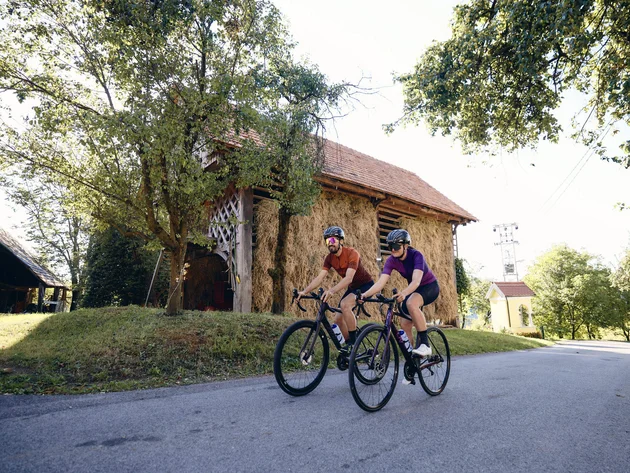 Breeze, Pulse oder Peak? 20 neue Traumrouten im Slowenischen Istrien © Tobias Köhler Zwei Radfahrer fahren auf Landstraße neben Heuboden und Bäumen