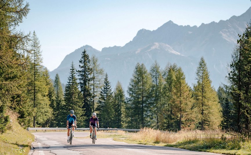 Two cyclists riding on a winding road through a sunny mountain forest