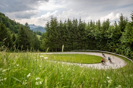 Drei Radfahrer fahren eine Haarnadelkurve auf einer Waldstraße
