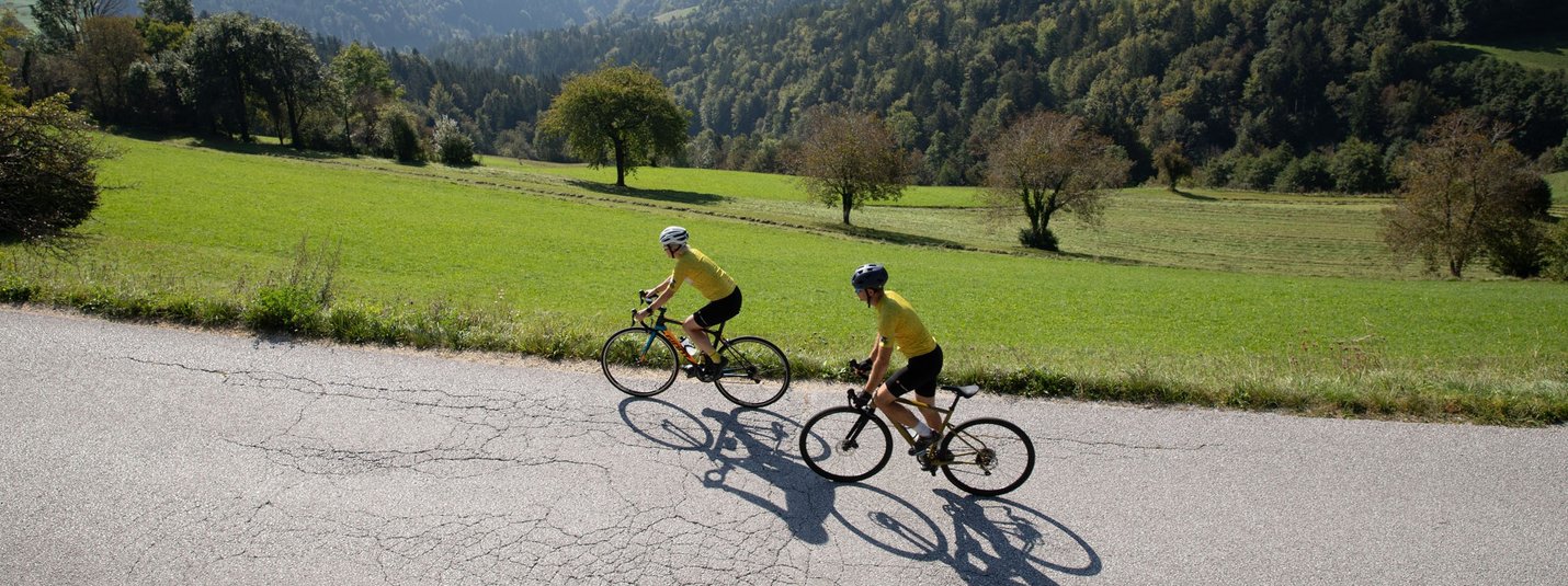 Due ciclisti su una strada tra colline verdi e montagne sullo sfondo