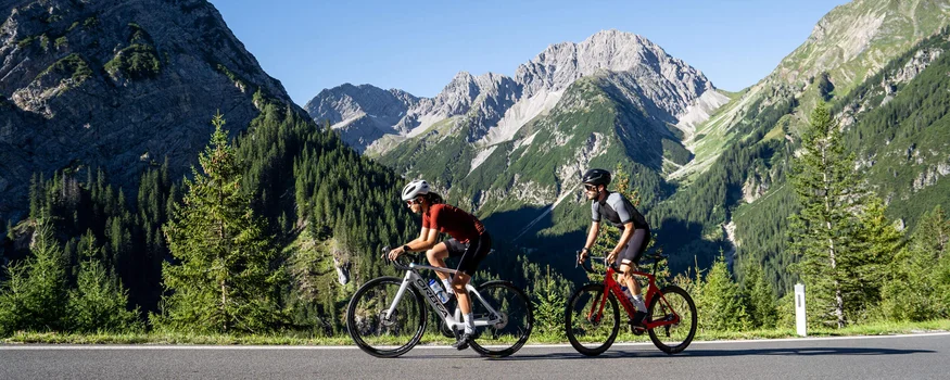 Two cyclists riding on mountain road with Alps in background