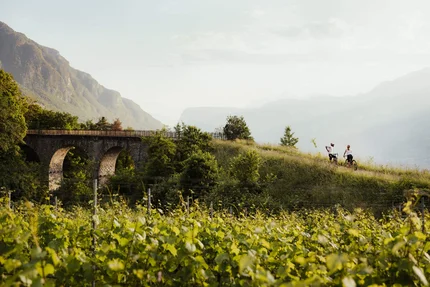 Saisonstart im Teutschhaus © IDM Südtirol - Alto Adige - Alex Moling Zwei Radfahrer auf einem Hügelweg neben einer alten steinernen Brücke und grünem Weinberg