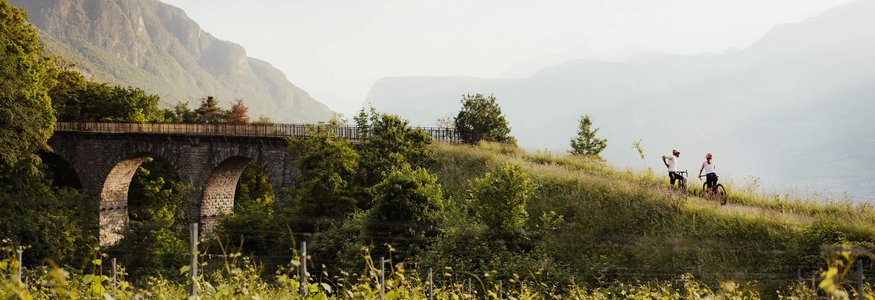 Twee fietsers op een heuvelpad bij een oude stenen brug en groene wijngaard
