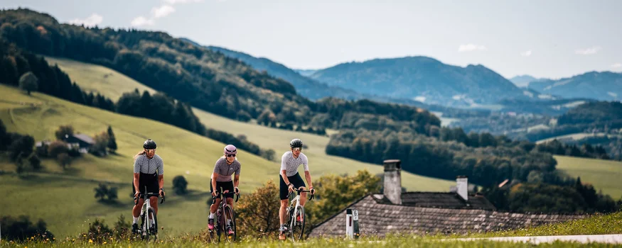 St. Pölten: Rennradfahren vor den Toren Wiens © Jens Scheibe Drei Radfahrer fahren auf Landstraße vor bergiger, grüner Landschaft