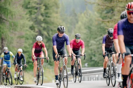 Mehrere Radfahrer fahren auf einer Landstraße durch bewaldetes Gebiet
