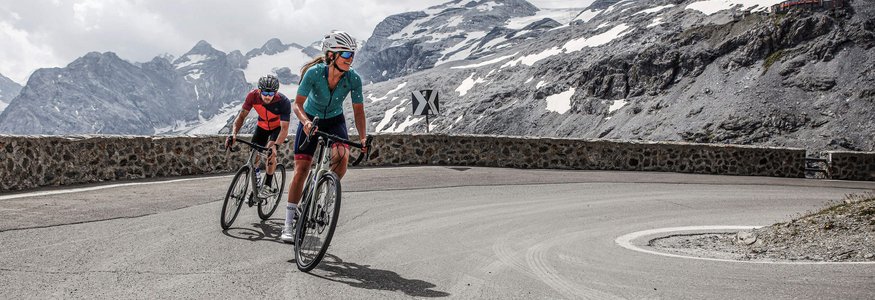 Two cyclists riding a mountain road with snow-capped peaks in the background