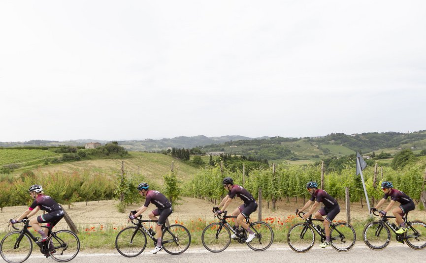 Five cyclists riding on country road with vineyards and hills in background