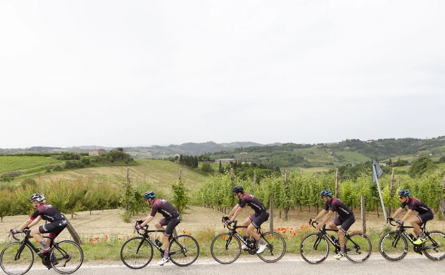 Vijf wielrenners fietsen op landweg met wijngaarden en heuvels op de achtergrond
