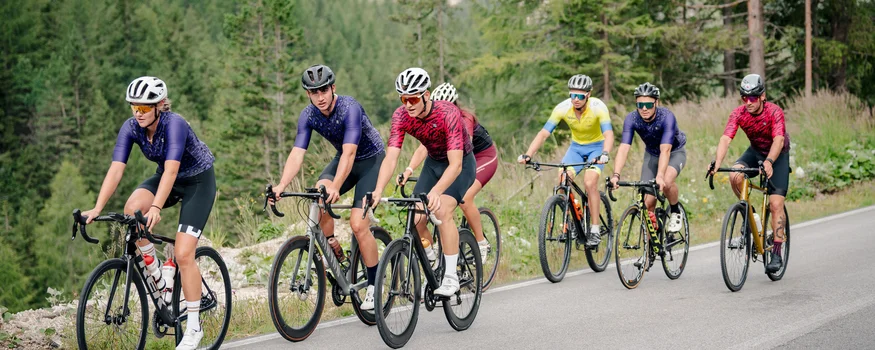 Gruppe von Radfahrern auf einer Bergstraße umgeben von Bäumen
