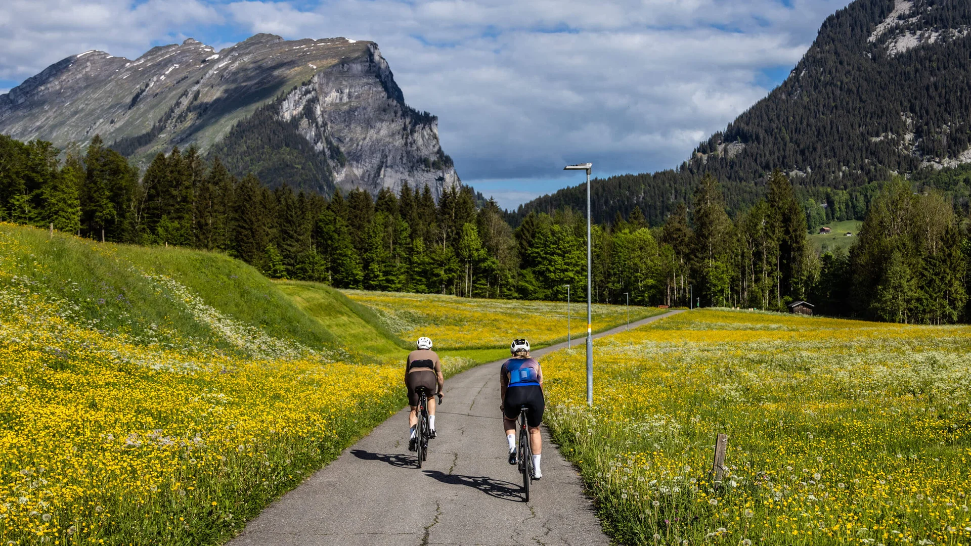 Mit @lottipower auf Rennradurlaub im Bregenzerwald © Bregenzerwald Tourismus - Merlijn Spenkelink Zwei Radfahrer auf schmalem Weg durch blühende Wiesen mit Bergen im Hintergrund