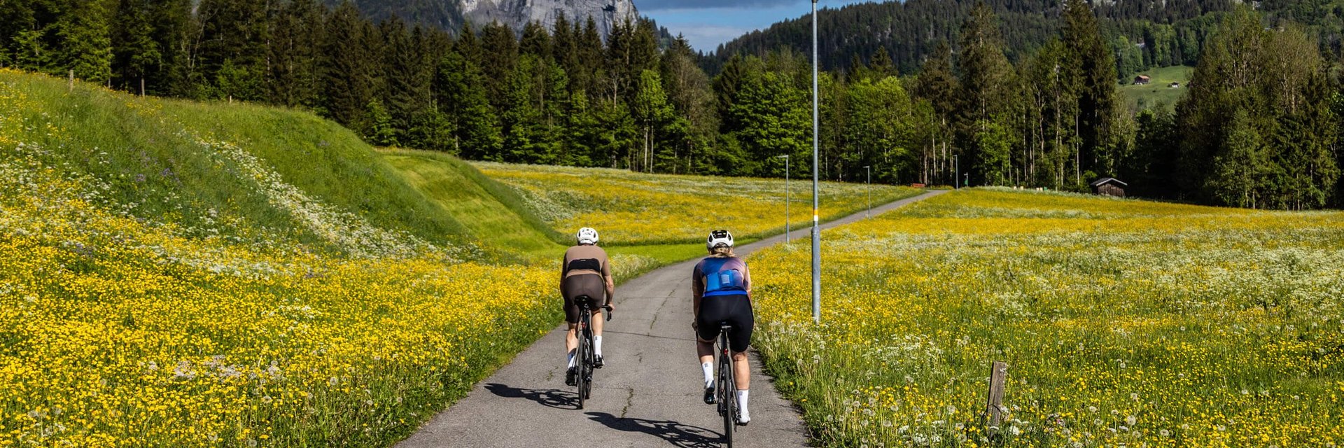 Hotel Bären & Cafe Deli *** © Bregenzerwald Tourismus - Merlijn Spenkelink Zwei Radfahrer auf schmalem Weg durch blühende Wiesen mit Bergen im Hintergrund