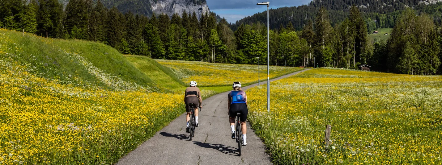 Odissea nella ghiaia Bregenzerwald Allgäu © Bregenzerwald Tourismus - Merlijn Spenkelink Due ciclisti su un sentiero stretto tra prati fioriti con montagne sullo sfondo