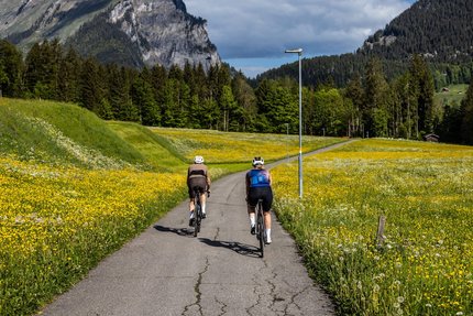 Due ciclisti su un sentiero stretto tra prati fioriti con montagne sullo sfondo