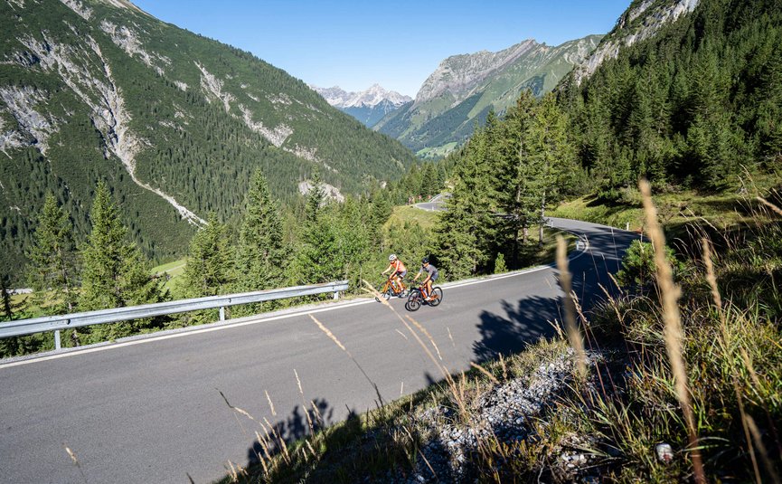 Two cyclists riding on a mountain road in a forested alpine landscape on a clear day