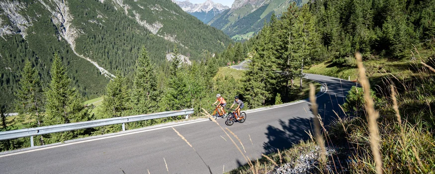 Zwei Radfahrer fahren auf Bergstraße in bewaldeter Alpenlandschaft bei klarem Himmel