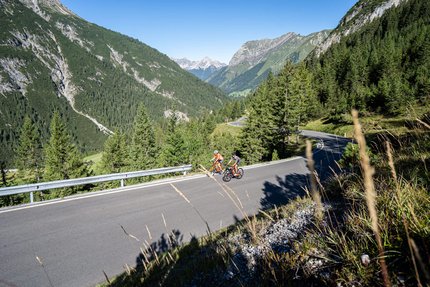 Two cyclists riding on a mountain road in a forested alpine landscape on a clear day