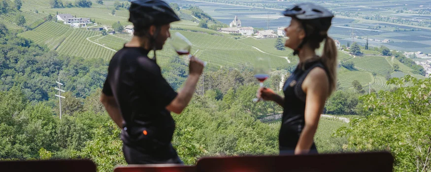 Two cyclists drinking wine overlooking green vineyards and mountains