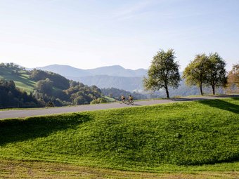 Zwei Radfahrer auf einer Straße in hügeliger Landschaft mit Bäumen und Bergen