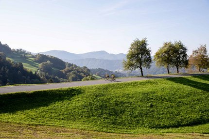 Due ciclisti su una strada in un paesaggio collinare con alberi e montagne
