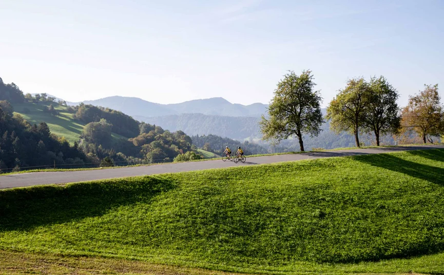 Rennrad Urlaub im Savinja Tal © Kaja Ribezl Zwei Radfahrer auf einer Straße in hügeliger Landschaft mit Bäumen und Bergen