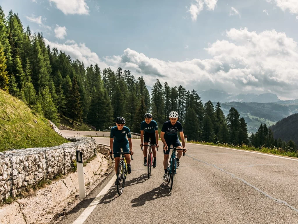 Tre ciclisti su una strada di montagna con pini sullo sfondo