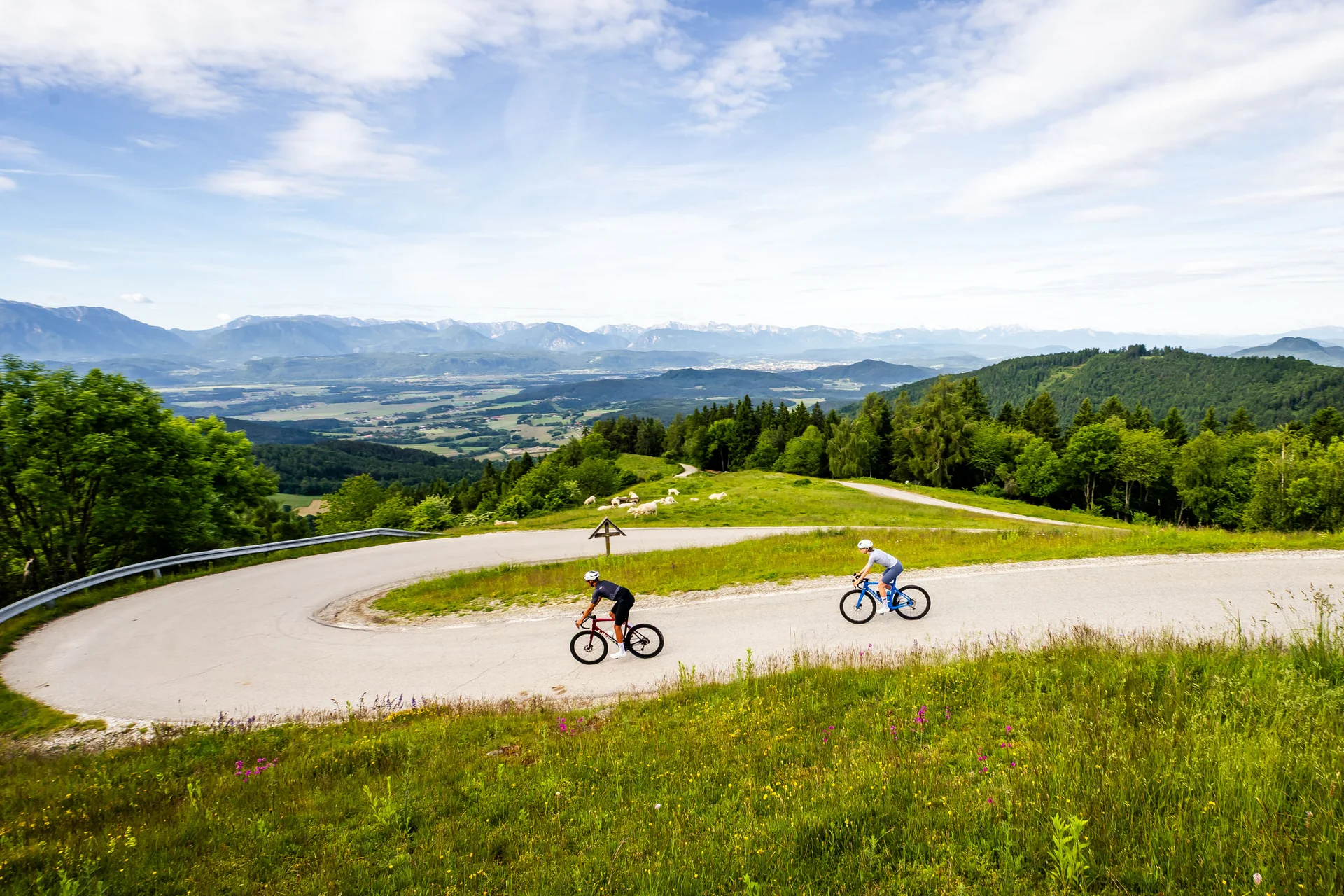 Zwei Radfahrer auf kurvenreicher Bergstraße mit grüner Landschaft und Bergen