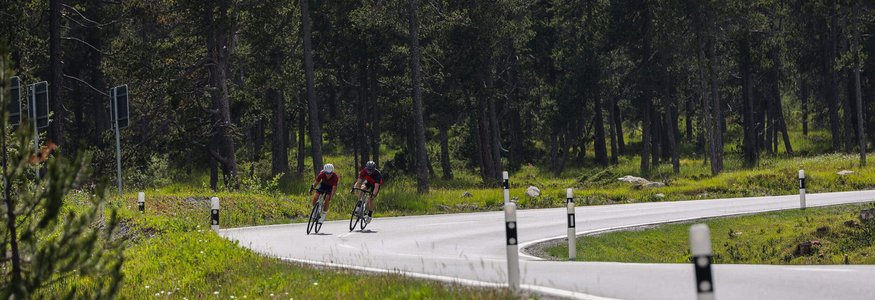 Zwei Radfahrer auf einer kurvigen Straße im Wald