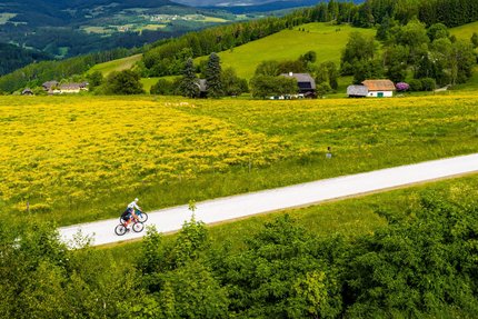 Twee fietsers op een landweg naast gele bloemenvelden en groene heuvels