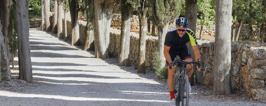Hotel & Restaurant Casolare Le Terre Rosse ***S © Asha Balogh Radfahrer fährt auf einem von Zypressen gesäumten Kiesweg