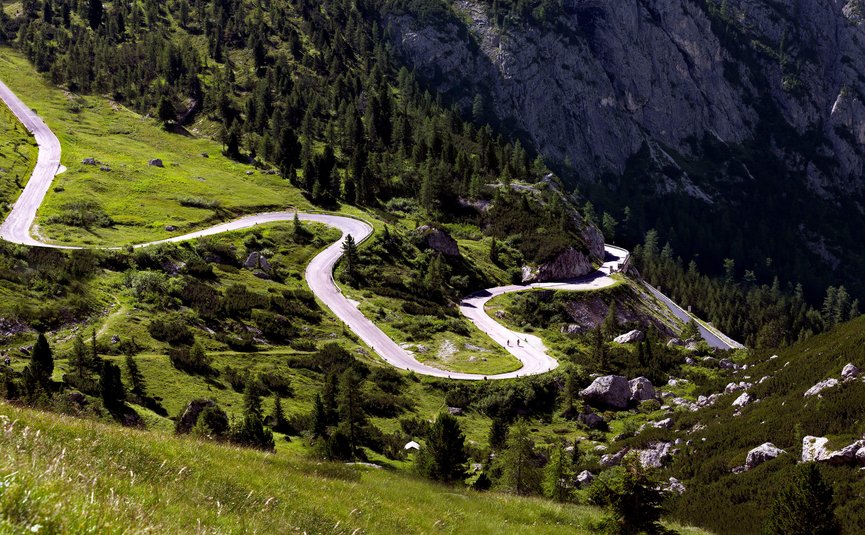 Serpentinenstraße in grüner Berglandschaft mit Felsen und Bäumen