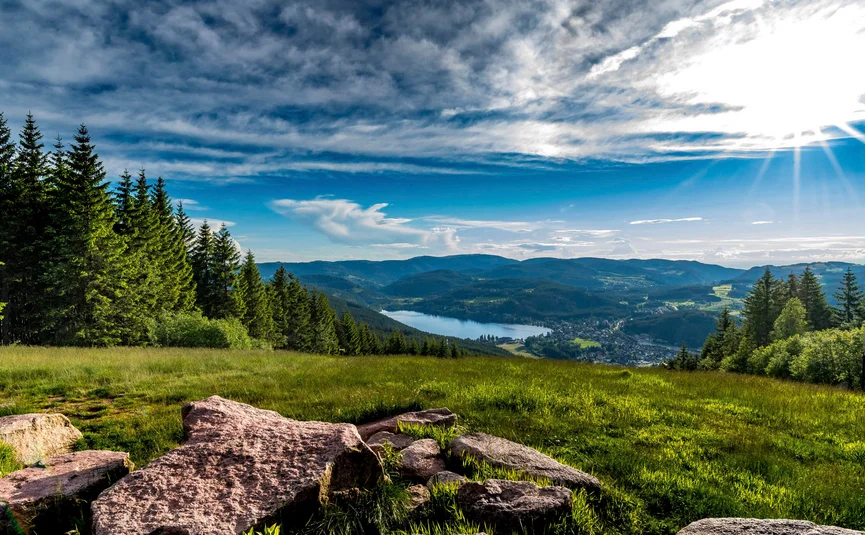 Rennrad Urlaub im Schwarzwald © Hochschwarzwald Tourismus GmbH - Klaus Hansen Grüne Wiese mit Felsen, Tannenwald und See unter bewölktem Himmel