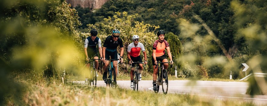 Four cyclists riding on a winding road with castle and forest in the background