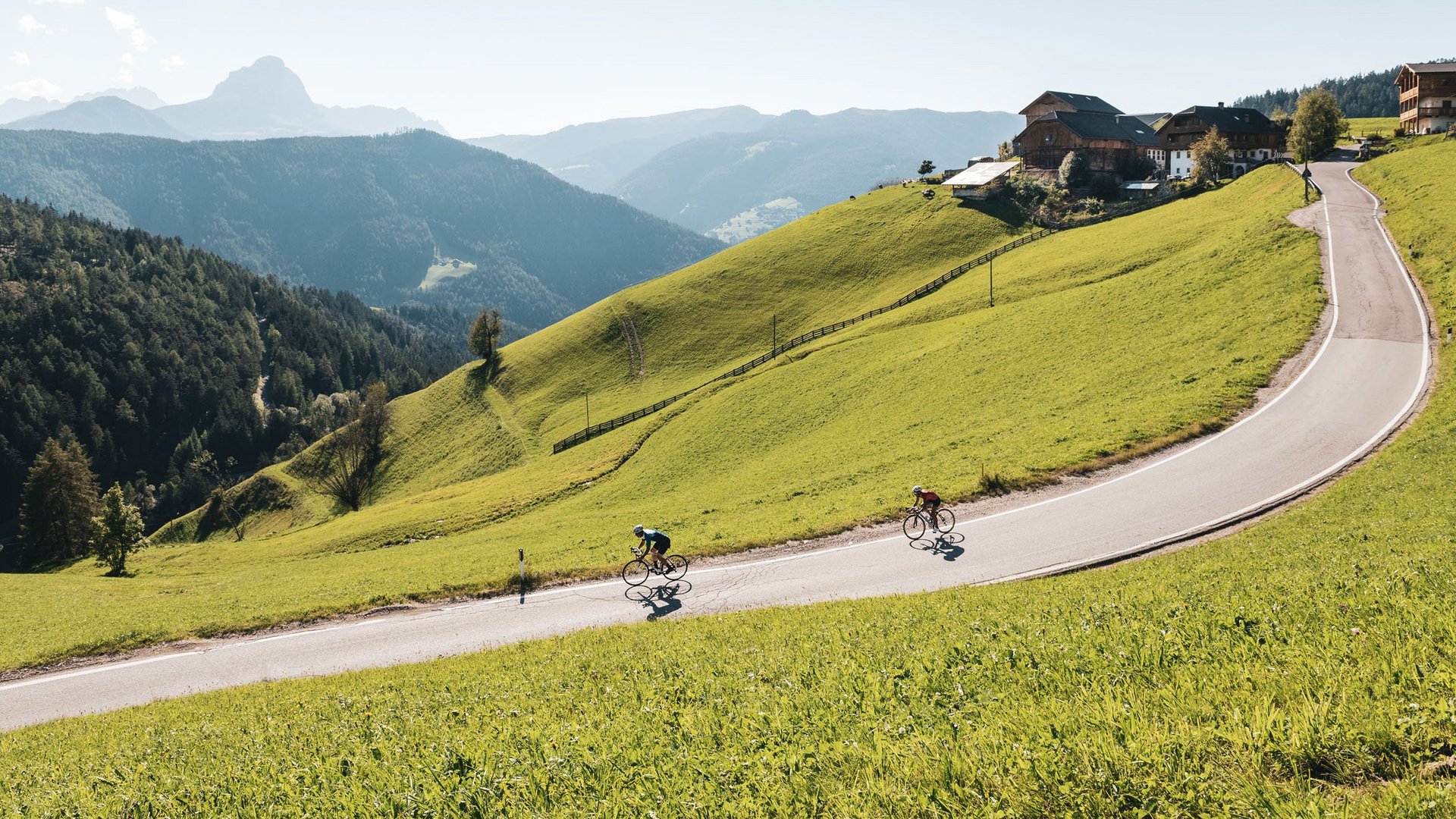 Zwei Radfahrer fahren eine kurvige Bergstraße umgeben von grünen Hügeln