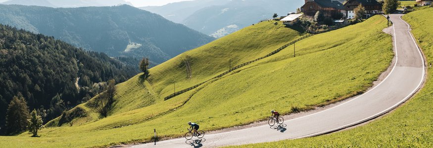 Zwei Radfahrer fahren eine kurvige Bergstraße umgeben von grünen Hügeln