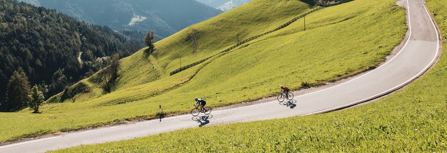 Zwei Radfahrer fahren eine kurvige Bergstraße umgeben von grünen Hügeln