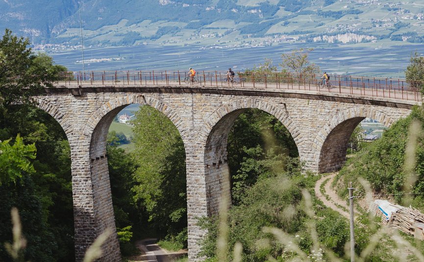 Fietsers op een stenen boogbrug over een groen landschap