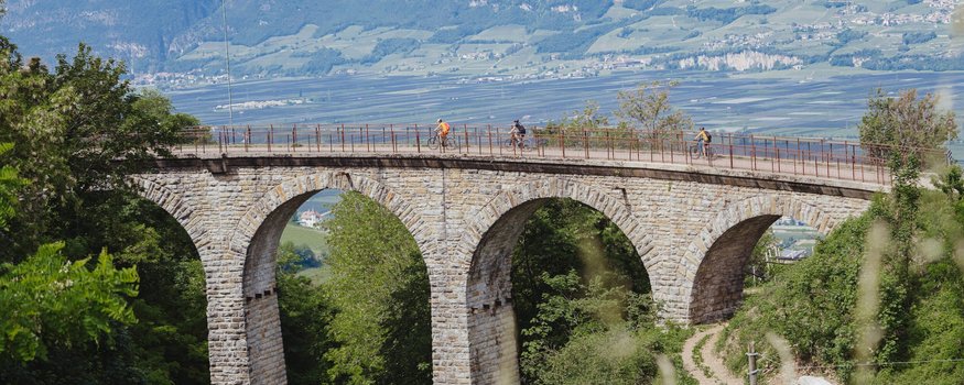 Fahrradfahrer auf einer Steinbrücke mit Bögen in einer grünen Landschaft