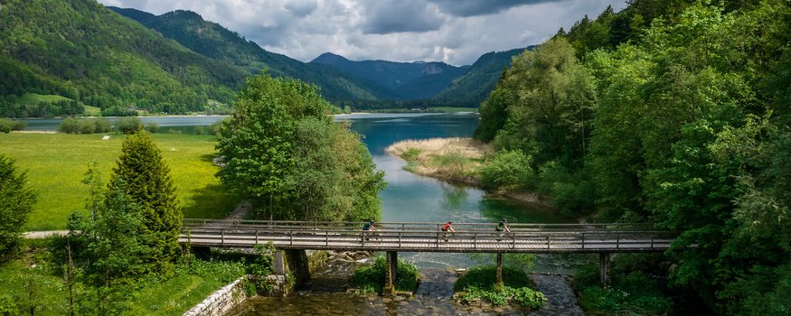 Drei Radfahrer auf einer Brücke über einen Fluss in einer bergigen Waldlandschaft