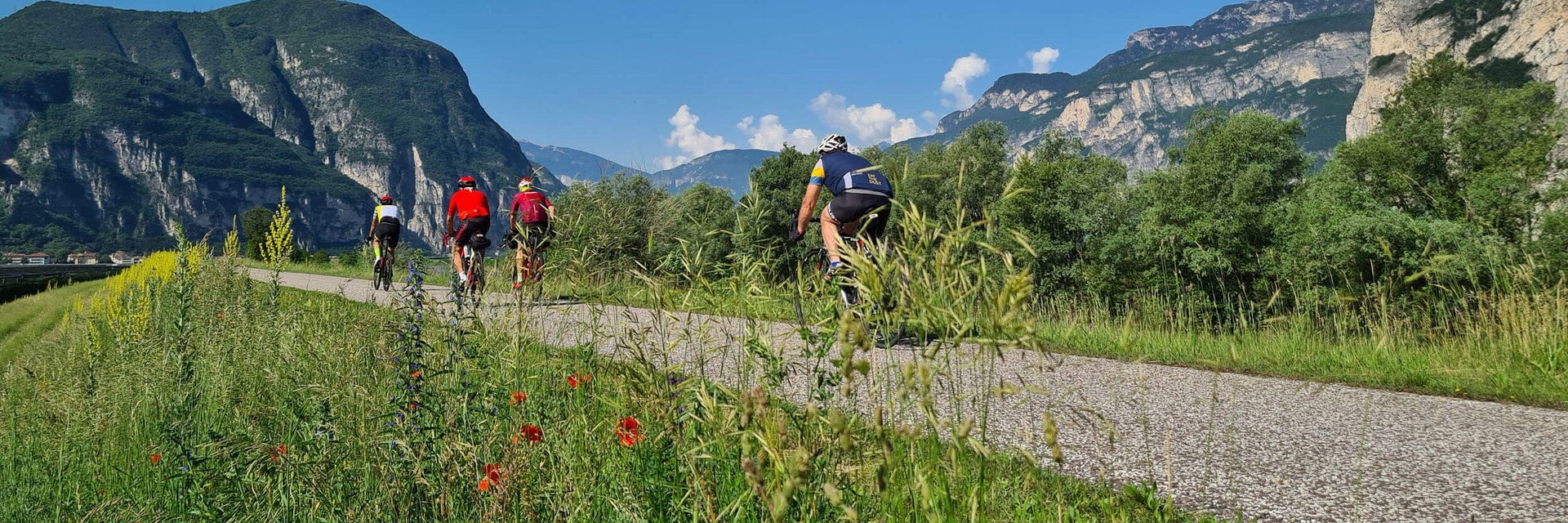 Radfahrergruppe auf Weg in bergiger Landschaft bei klarem Himmel