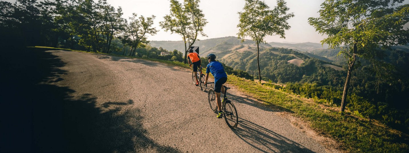 Due ciclisti su una strada tortuosa con alberi e colline sullo sfondo