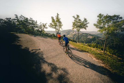Two cyclists riding on a winding road with trees and hills in the background